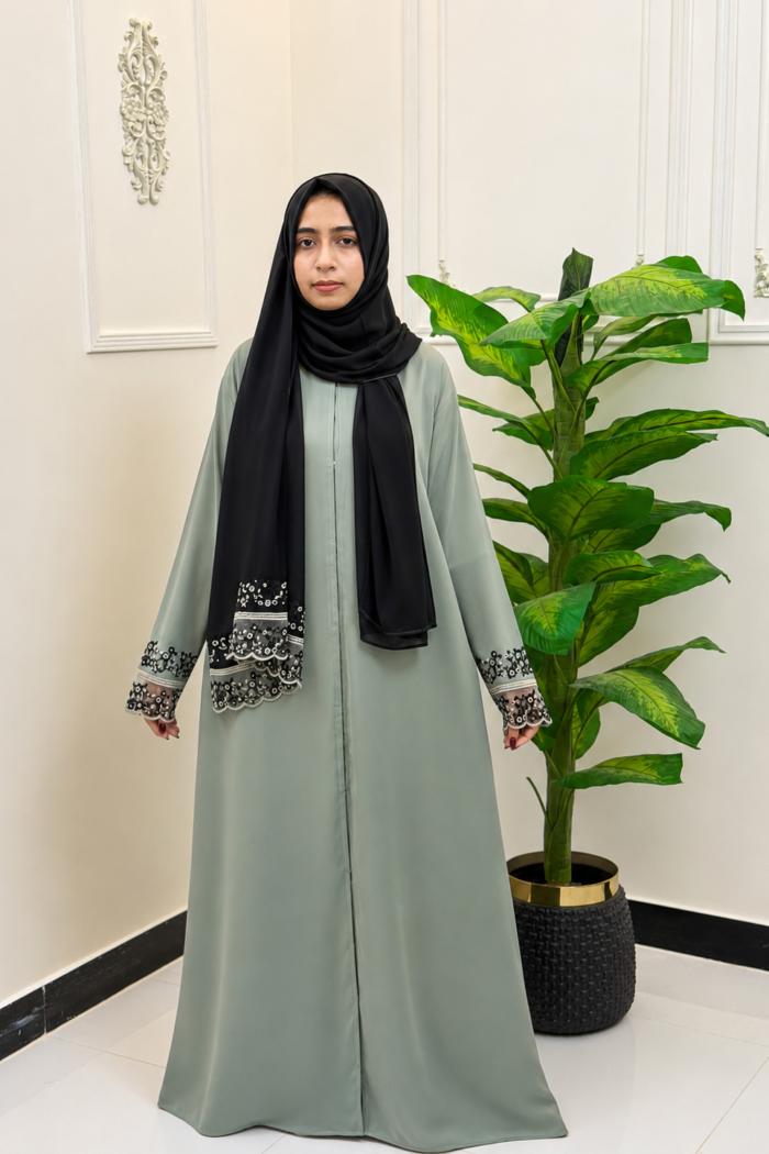 Sage Green Embroidered Lace-Cuff Abaya