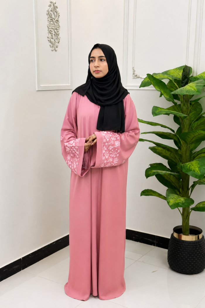 Dusty Pink Floral-Embroidered Sleeve Abaya