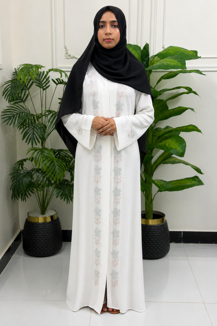 Crystal Floral Embroidered White Abaya