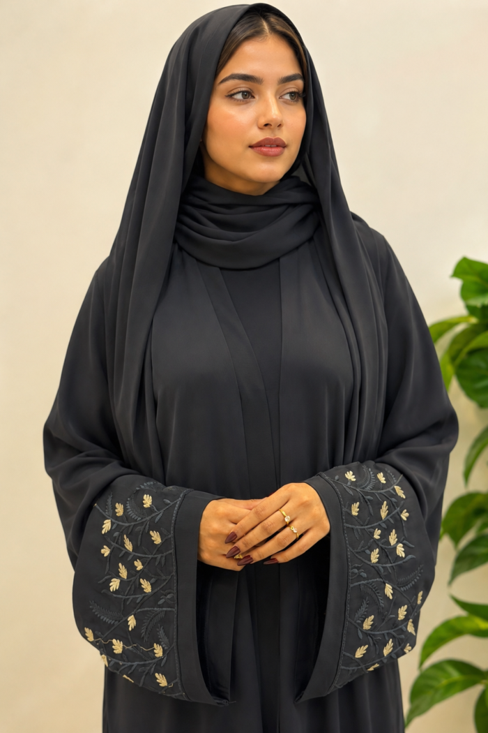 Gold-Vine Embroidered Cuffed Abaya