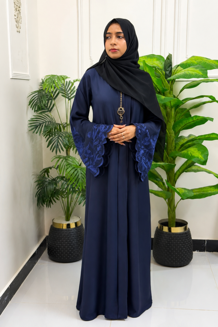 Midnight Blue Floral Embroidered Bell-Sleeve Abaya