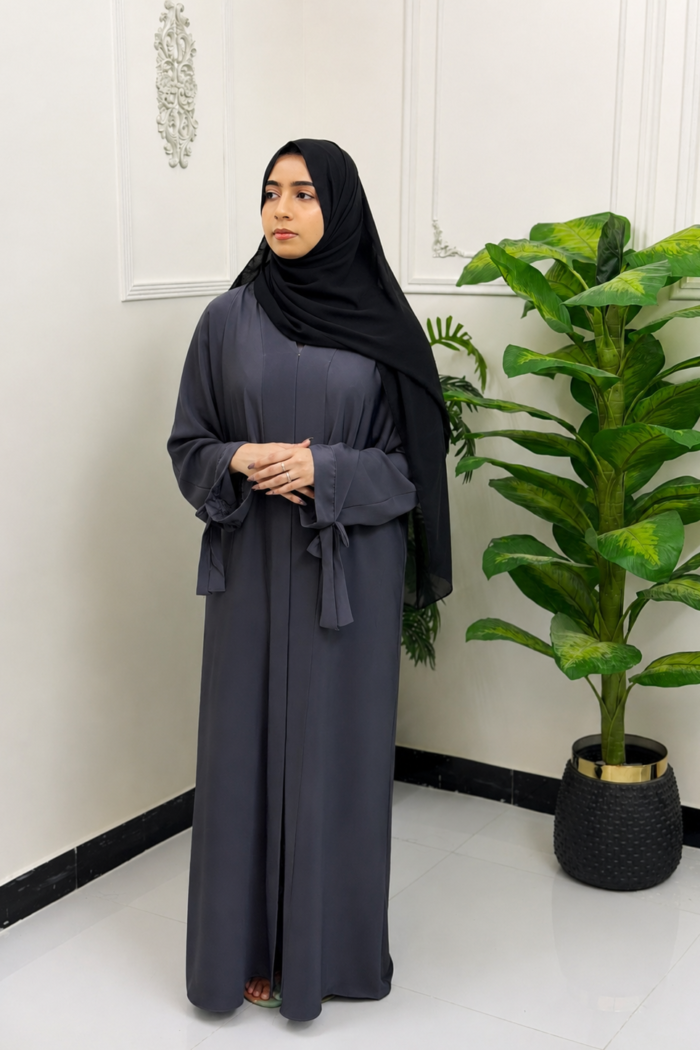 Charcoal Grey Tie-Cuff Pleated Abaya