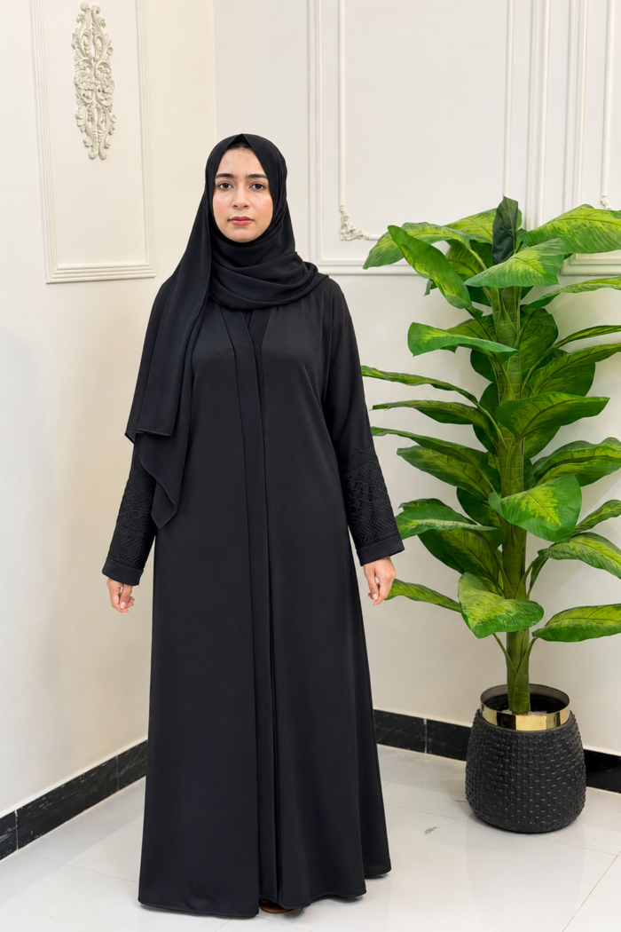 Black Embroidered Cuff Open-Front Abaya