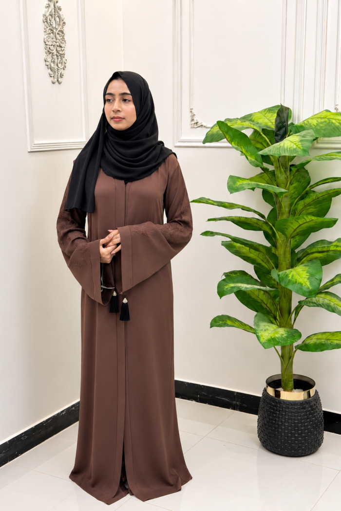 Warm Brown Vine-Embroidered Tassel Abaya