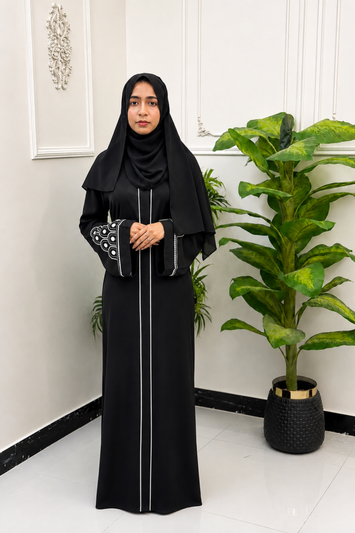 Black Geometric Embroidered Cuff Abaya