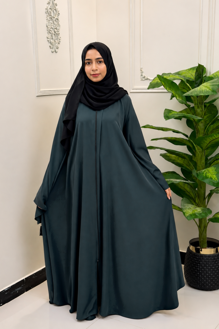Dark Forest Green Tassel-Accent Open-Front Abaya