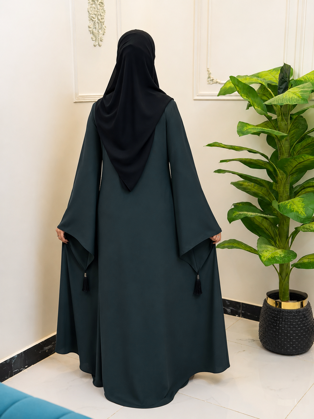 Dark Forest Green Tassel-Accent Open-Front Abaya - Image 4
