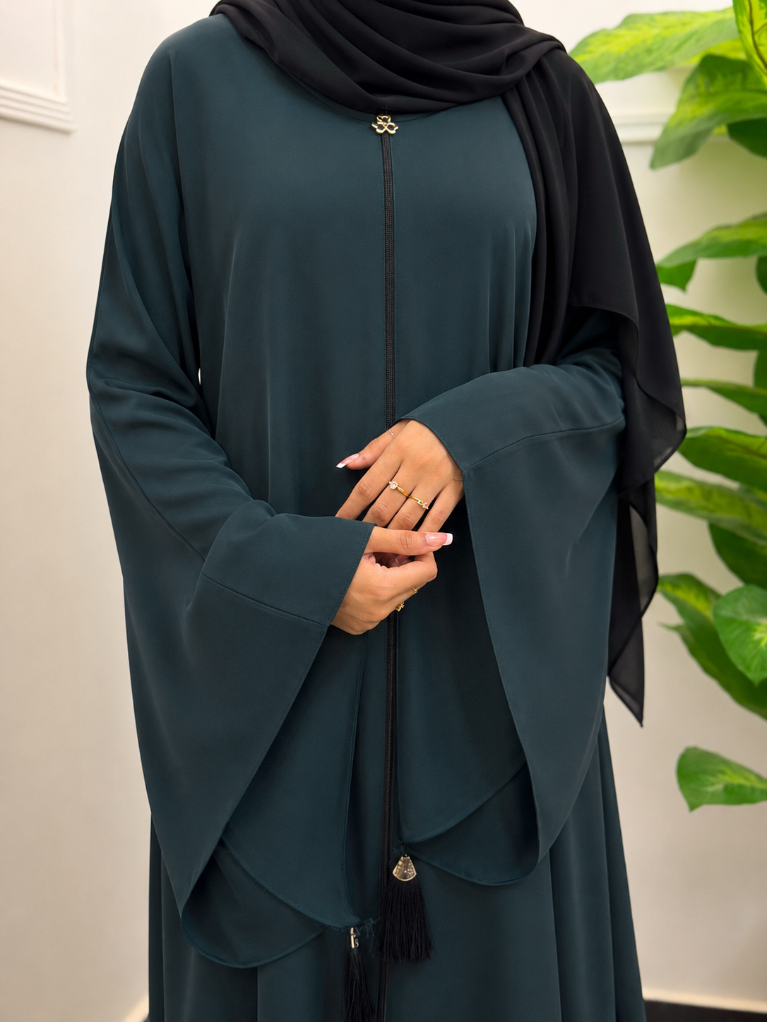 Dark Forest Green Tassel-Accent Open-Front Abaya - Image 2