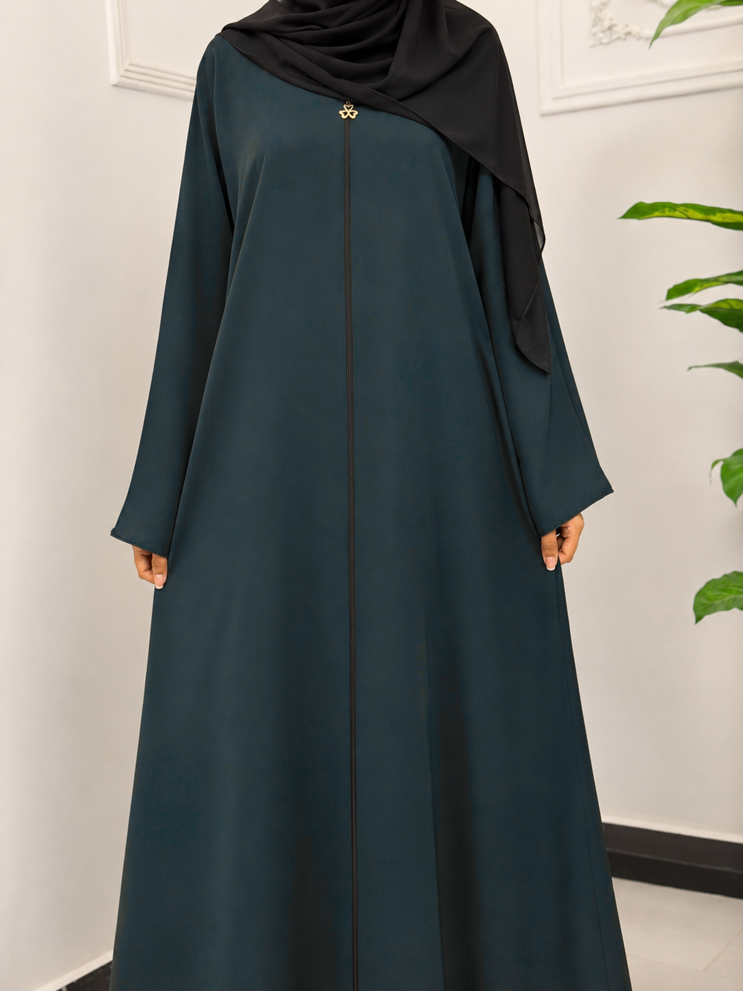 Dark Forest Green Tassel-Accent Open-Front Abaya - Image 5